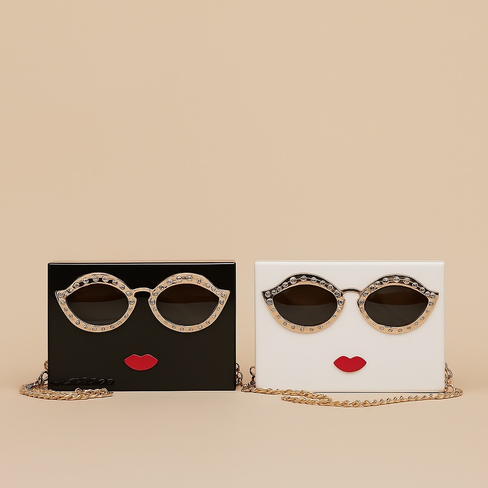 Retro Face Clutch Purse with Sunglasses | 3D Lip Acrylic Box Bag